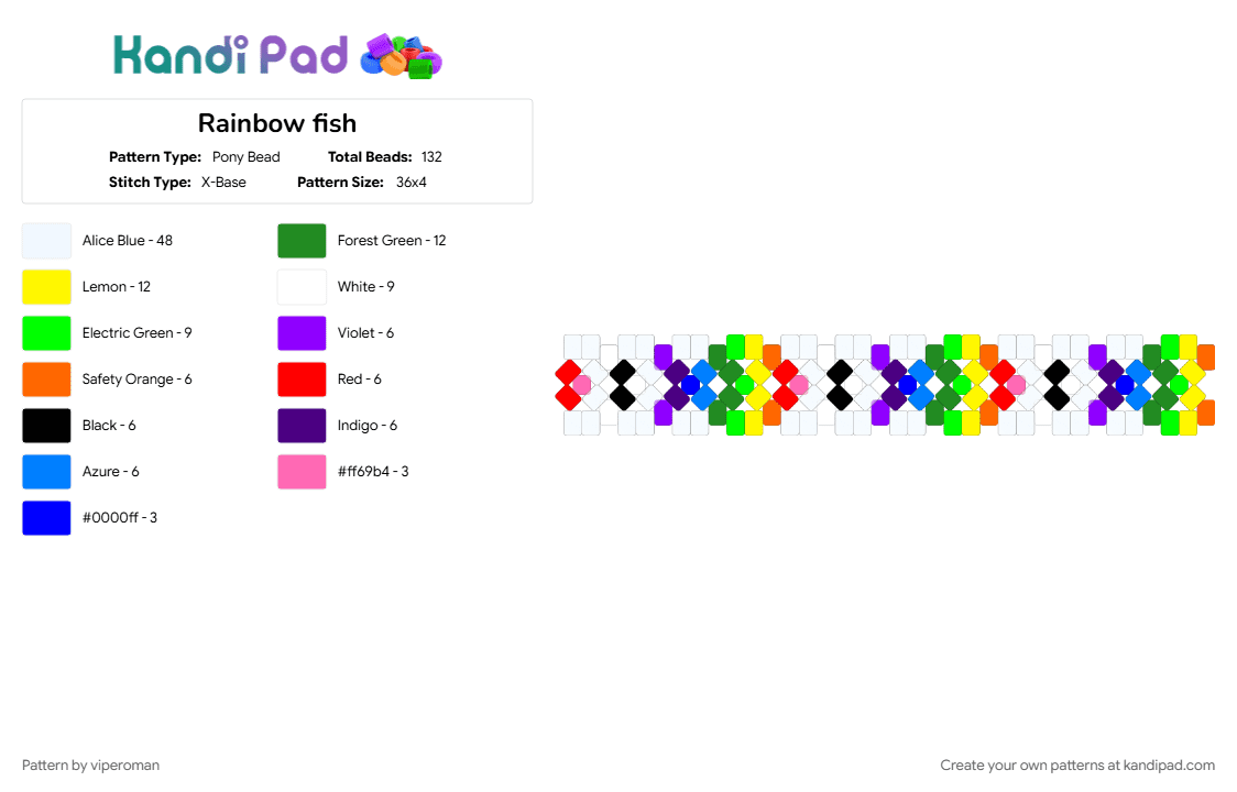 Rainbow fish - Pony Bead Pattern by viperoman on Kandi Pad - green, purple, white, yellow