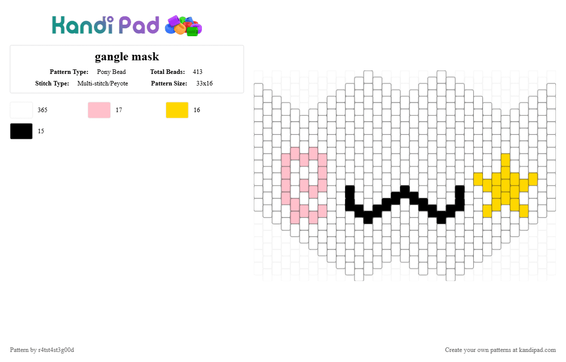 gangle mask - Pony Bead Pattern by r4tst4st3g00d on Kandi Pad - white,pink,yellow