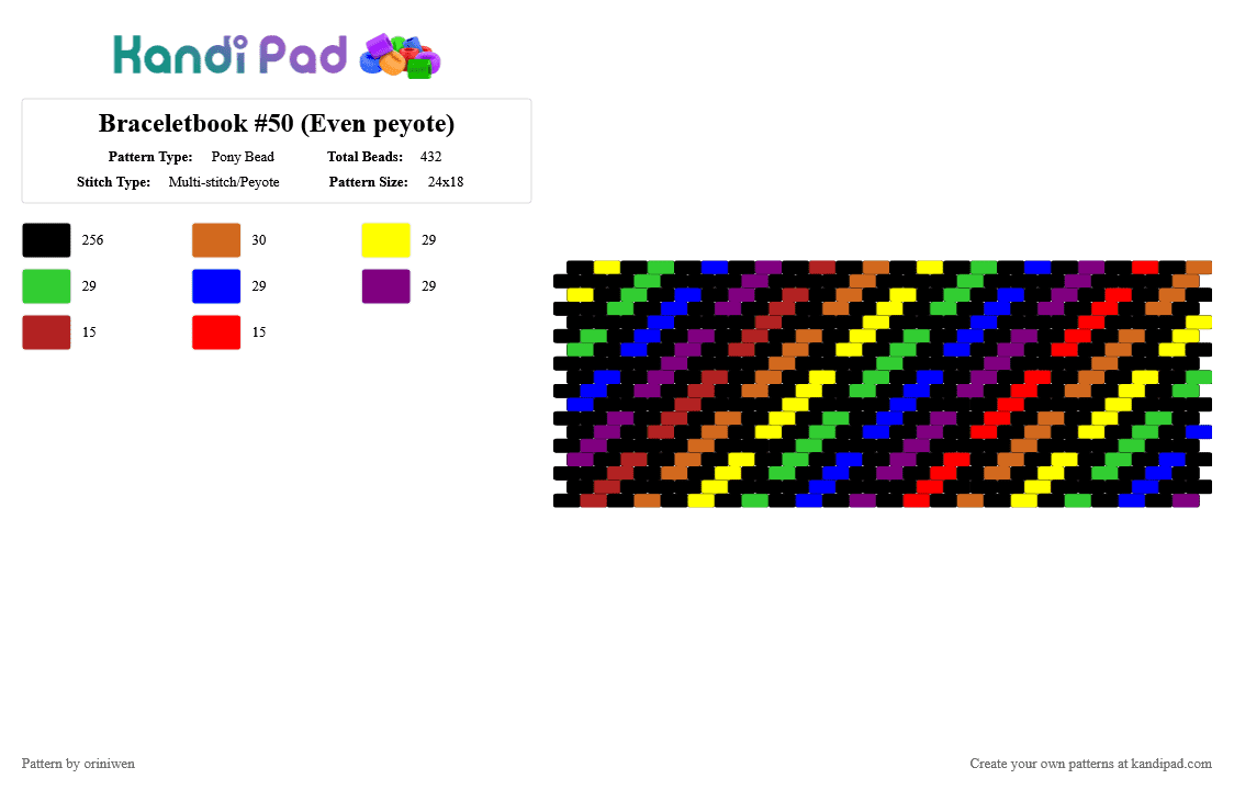 Braceletbook #50 (Even peyote) - Pony Bead Pattern by oriniwen on Kandi Pad - black,green,pink,orange,colorful,cuff,rainbow,geometric