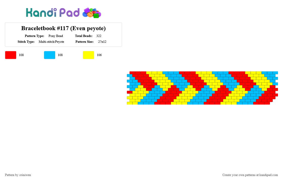 Braceletbook #117 (Even peyote) - Pony Bead Pattern by oriniwen on Kandi Pad - red,light blue,yellow,cuff,geometric,braid