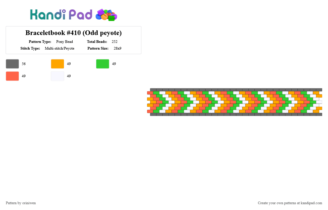 Braceletbook #410 (Odd peyote) - Pony Bead Pattern by oriniwen on Kandi Pad - cuff, geometric, gray, green, odd count, orange, red