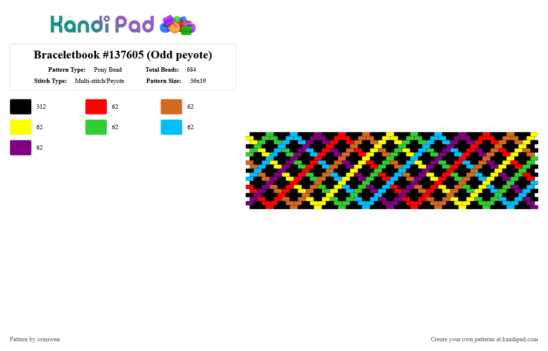 Braceletbook #137605 (Odd peyote) - Pony Bead Pattern by oriniwen on Kandi Pad - black,orange,green,pink,colorful,cuff,geometric,rainbow,chevron