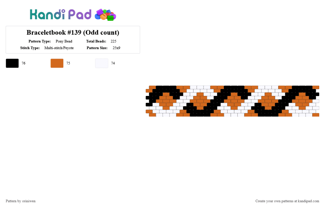 Braceletbook #139 (Odd count) - Pony Bead Pattern by oriniwen on Kandi Pad - chevron, cuff, geometric, orange, ribbon, white