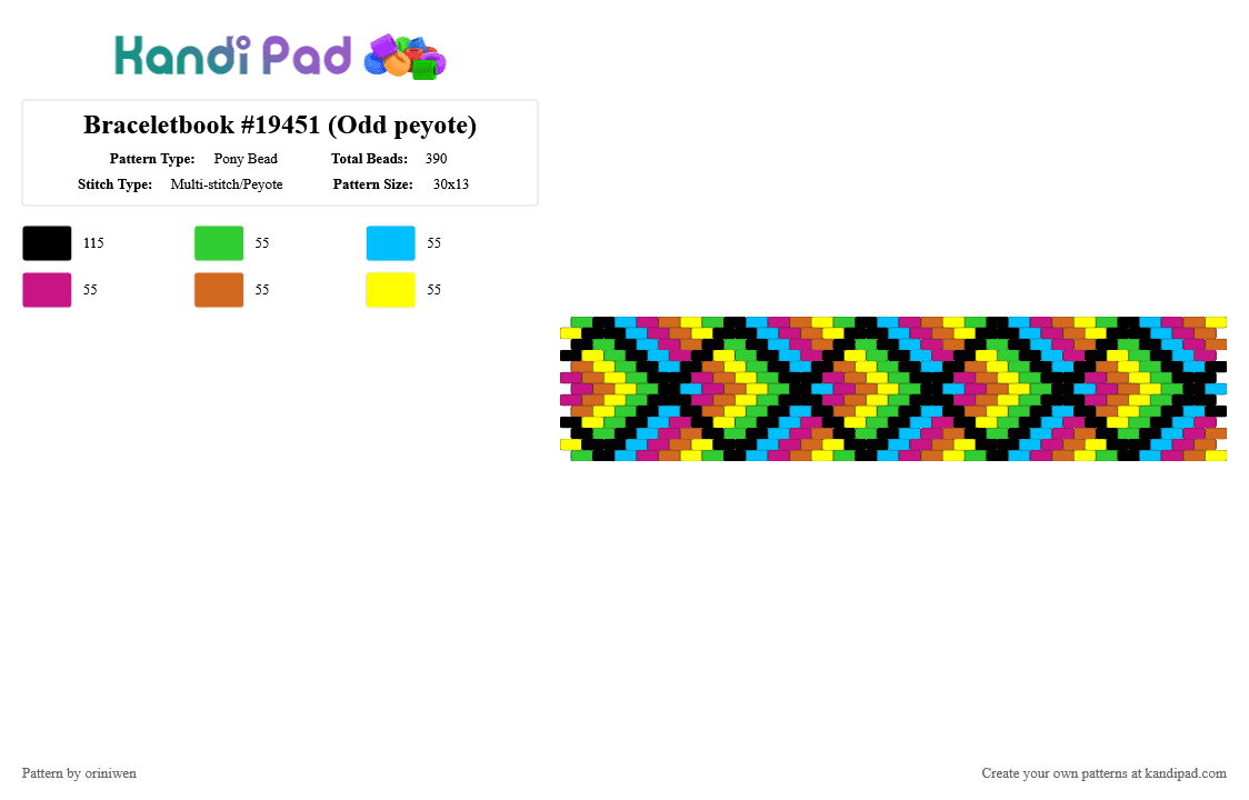 Braceletbook #19451 (Odd peyote) - Pony Bead Pattern by oriniwen on Kandi Pad - light blue,orange,colorful,geometric,rainbow,friendship bracelet,cuff