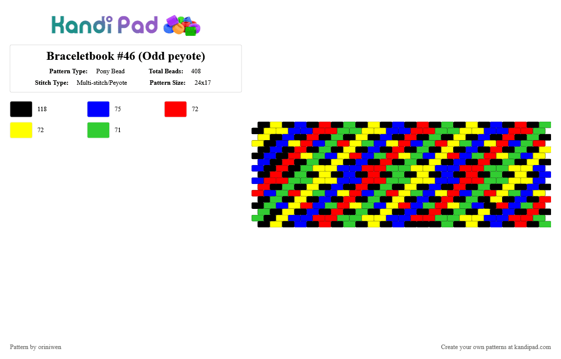 Braceletbook #46 (Odd peyote) - Pony Bead Pattern by oriniwen on Kandi Pad - red,purple,yellow,green,cuff,chevron,geometric,diamonds