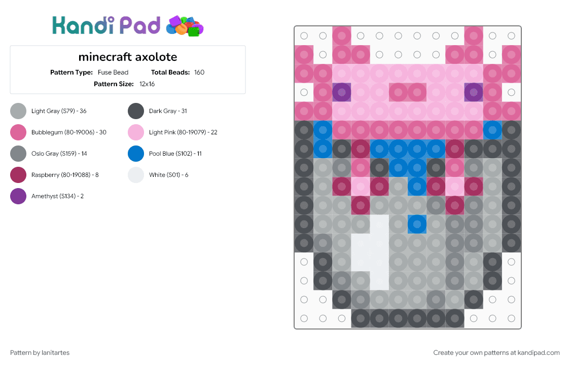 minecraft axolote - Fuse Bead Pattern by lanitartes on Kandi Pad - gray, pink