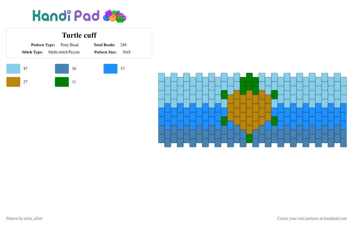 Turtle cuff - Pony Bead Pattern by alien_elliot on Kandi Pad - blue,light blue