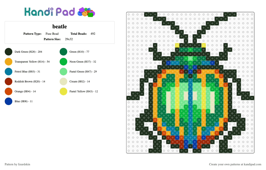 beatle - Fuse Bead Pattern by lizardskin on Kandi Pad - orange,green,blue
