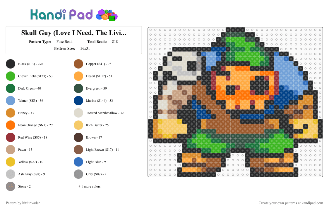 Skull Guy (Love I Need, The Living Tombstone) - Fuse Bead Pattern by kittiinvader on Kandi Pad - orange,green,tan,beige,the living tombstone,tlt,video game,skull guy,love i need,skull guy tlt