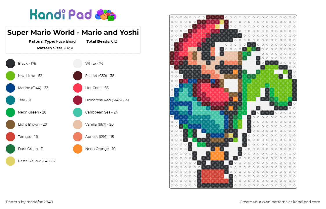 Super Mario World - Mario and Yoshi - Fuse Bead Pattern by mariofan2840 on Kandi Pad - yoshi,mario,nintendo,characters,video game,classic,green,red,blue