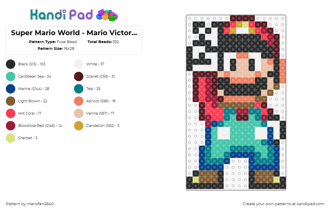 Super Mario World - Mario Victory pose - Fuse Bead Pattern by mariofan2840 on Kandi Pad - mario,nintendo,peace,character,video game,classic,red,blue