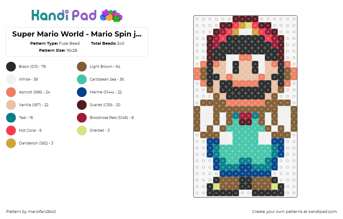 Super Mario World - Mario Spin jump1 - Fuse Bead Pattern by mariofan2840 on Kandi Pad - mario,nintendo,character,classic,video game,sprite,teal,red,tan