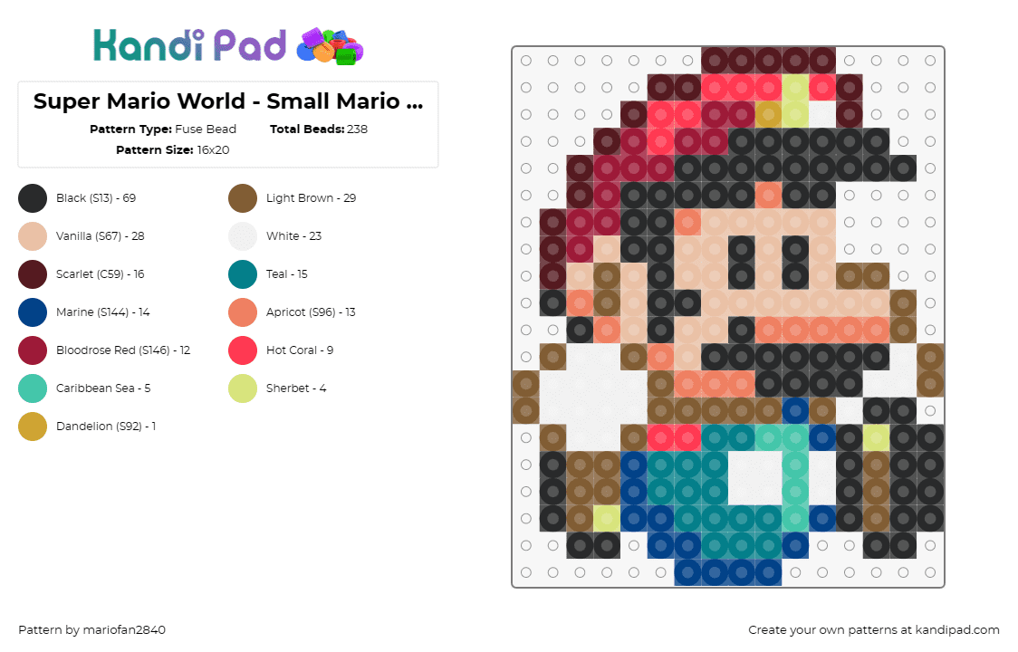 Super Mario World - Small Mario Fall - Fuse Bead Pattern by mariofan2840 on Kandi Pad - mario,nintendo,character,classic,small,video game,sprite,teal,red,tan