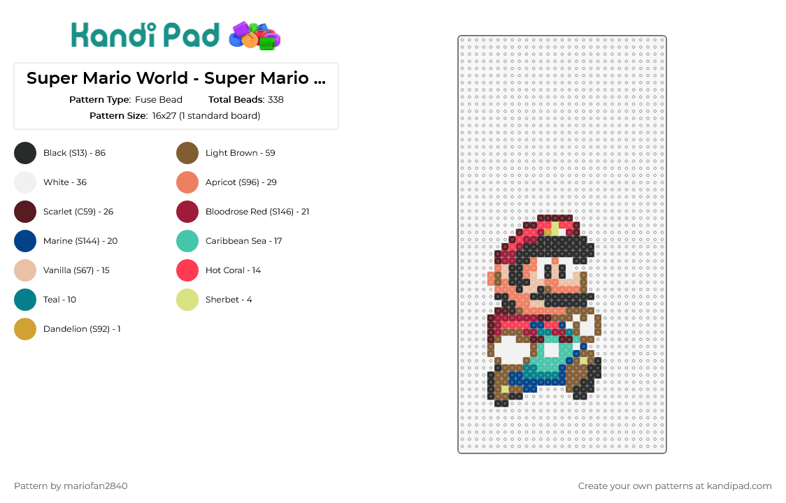 Super Mario World - Super Mario walk 3 - Fuse Bead Pattern by mariofan2840 on Kandi Pad - mario,nintendo,character,classic,video game,sprite,teal,red,tan