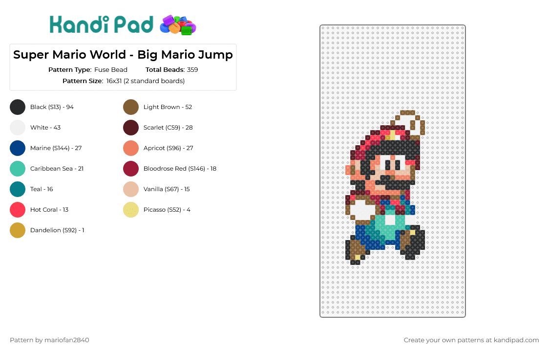 Super Mario World - Big Mario Jump - Fuse Bead Pattern by mariofan2840 on Kandi Pad - mario,nintendo,jumping,character,video game,classic,red,blue
