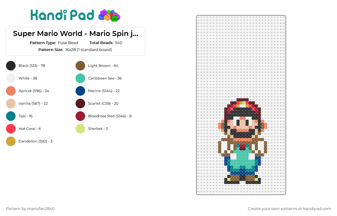 Super Mario World - Mario Spin jump1 - Fuse Bead Pattern by mariofan2840 on Kandi Pad - mario,nintendo,character,classic,video game,sprite,teal,red,tan