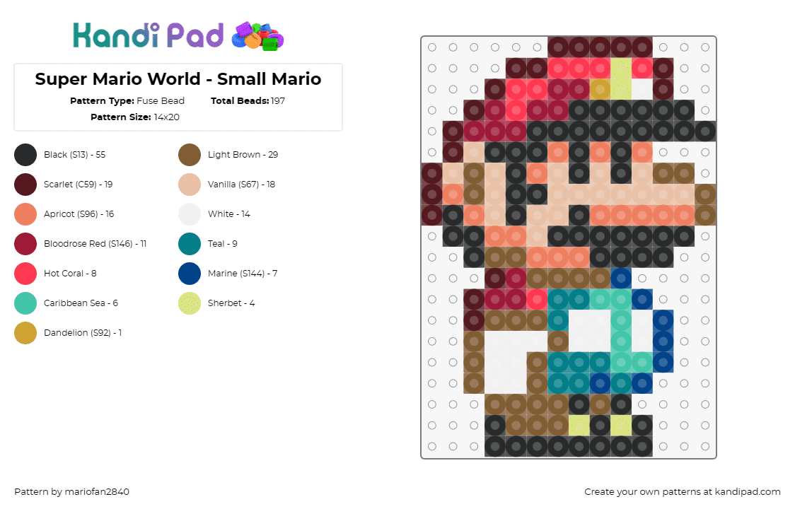 Super Mario World - Small Mario - Fuse Bead Pattern by mariofan2840 on Kandi Pad - mario,nintendo,character,small,classic,video game,sprite,teal,red,tan