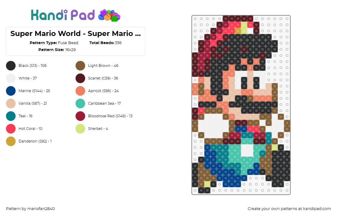 Super Mario World - Super Mario Fall - Fuse Bead Pattern by mariofan2840 on Kandi Pad - mario,nintendo,character,classic,video game,sprite,teal,red