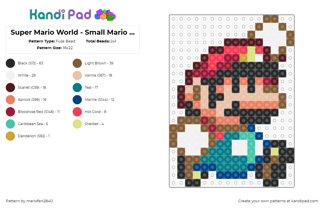 Super Mario World - Small Mario Jump - Fuse Bead Pattern by mariofan2840 on Kandi Pad - mario,nintendo,character,small,jump,classic,video game,sprite,teal,red,tan