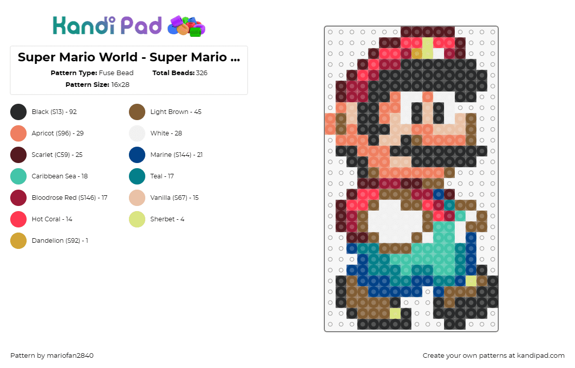 Super Mario World - Super Mario walk 1 - Fuse Bead Pattern by mariofan2840 on Kandi Pad - mario,nintendo,character,classic,video game,sprite,teal,red,tan