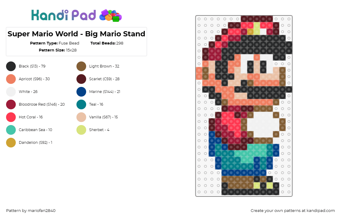 Super Mario World - Big Mario Stand - Fuse Bead Pattern by mariofan2840 on Kandi Pad - mario,nintendo,character,classic,video game,sprite,teal,red,tan