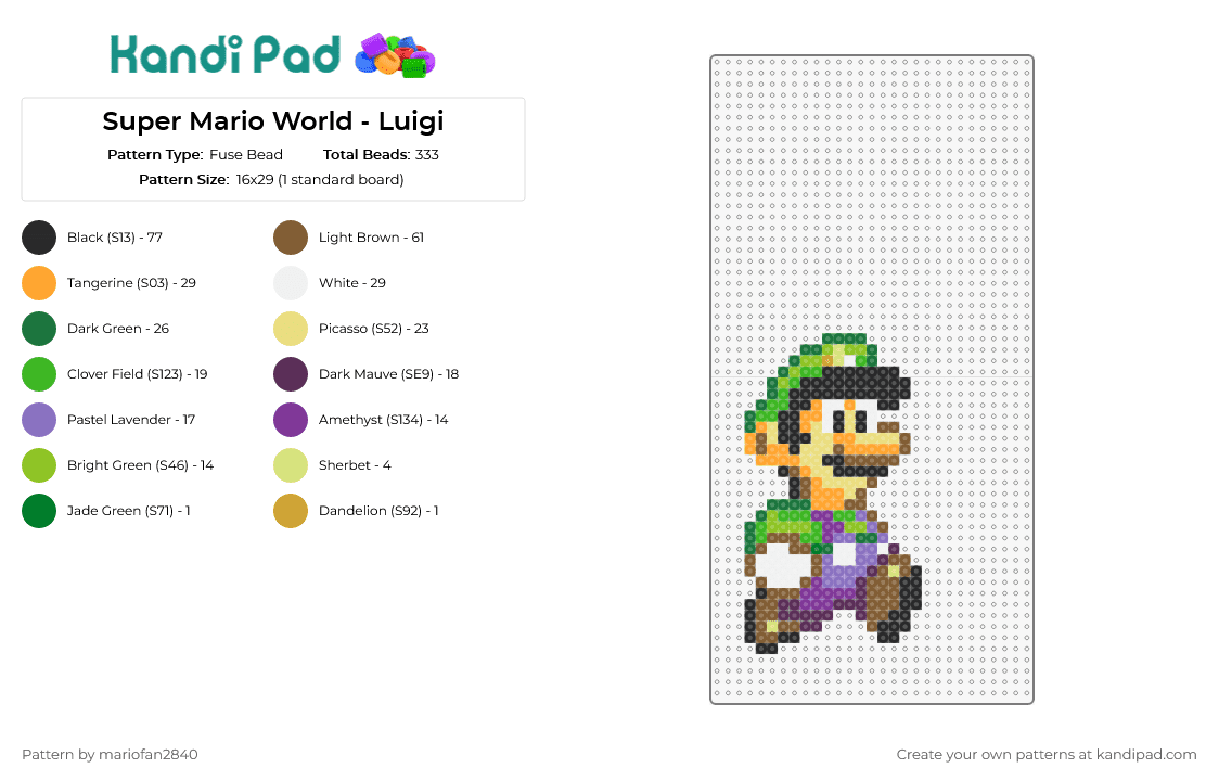 Super Mario World - Luigi - Fuse Bead Pattern by mariofan2840 on Kandi Pad - luigi,mario,nintendo,character,video game,classic,green,purple