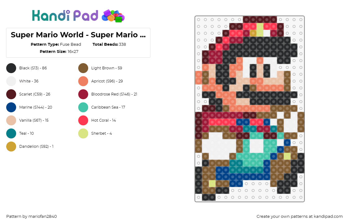 Super Mario World - Super Mario walk 3 - Fuse Bead Pattern by mariofan2840 on Kandi Pad - mario,nintendo,character,classic,video game,sprite,teal,red,tan