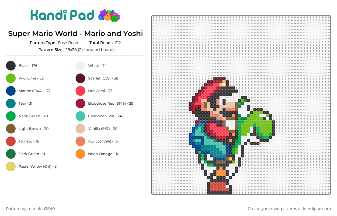 Super Mario World - Mario and Yoshi - Fuse Bead Pattern by mariofan2840 on Kandi Pad - yoshi,mario,nintendo,characters,video game,classic,green,red,blue