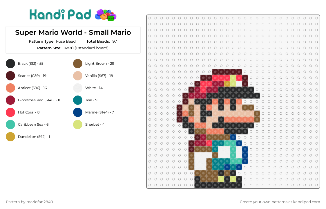 Super Mario World - Small Mario - Fuse Bead Pattern by mariofan2840 on Kandi Pad - mario,nintendo,character,small,classic,video game,sprite,teal,red,tan