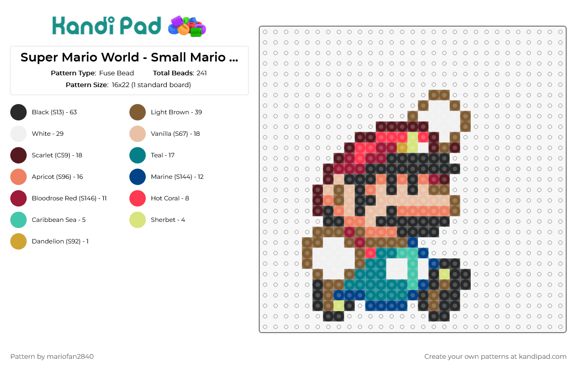 Super Mario World - Small Mario Jump - Fuse Bead Pattern by mariofan2840 on Kandi Pad - mario,nintendo,character,small,jump,classic,video game,sprite,teal,red,tan