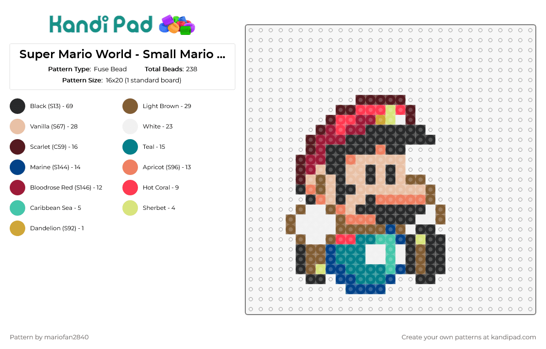 Super Mario World - Small Mario Fall - Fuse Bead Pattern by mariofan2840 on Kandi Pad - mario,nintendo,character,classic,small,video game,sprite,teal,red,tan