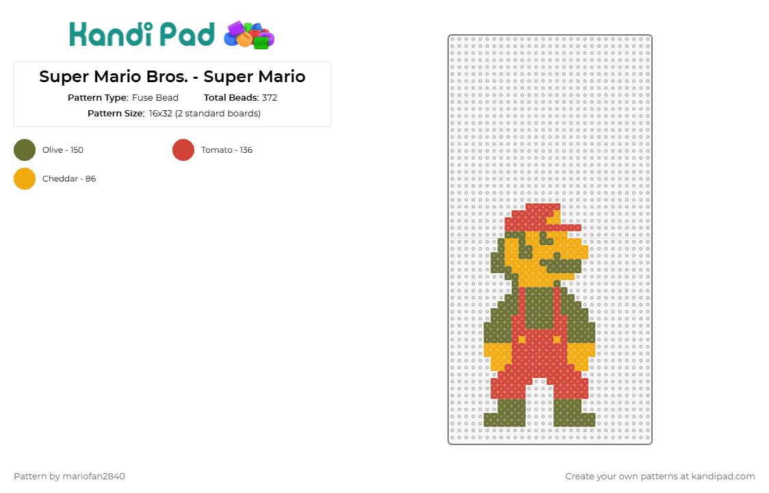 Super Mario Bros. - Super Mario - Fuse Bead Pattern by mariofan2840 on Kandi Pad - mario,nintendo,character,video game,classic,nostalgia,retro,red,tan,orange