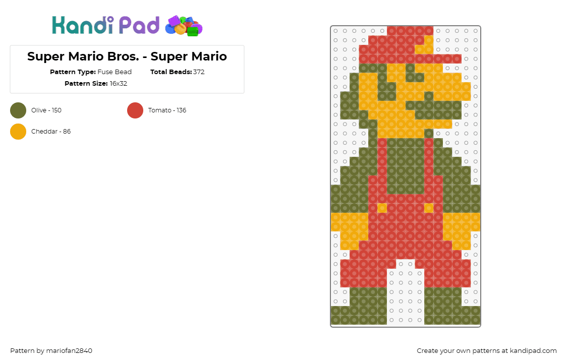 Super Mario Bros. - Super Mario - Fuse Bead Pattern by mariofan2840 on Kandi Pad - mario,nintendo,character,video game,classic,nostalgia,retro,red,tan,orange