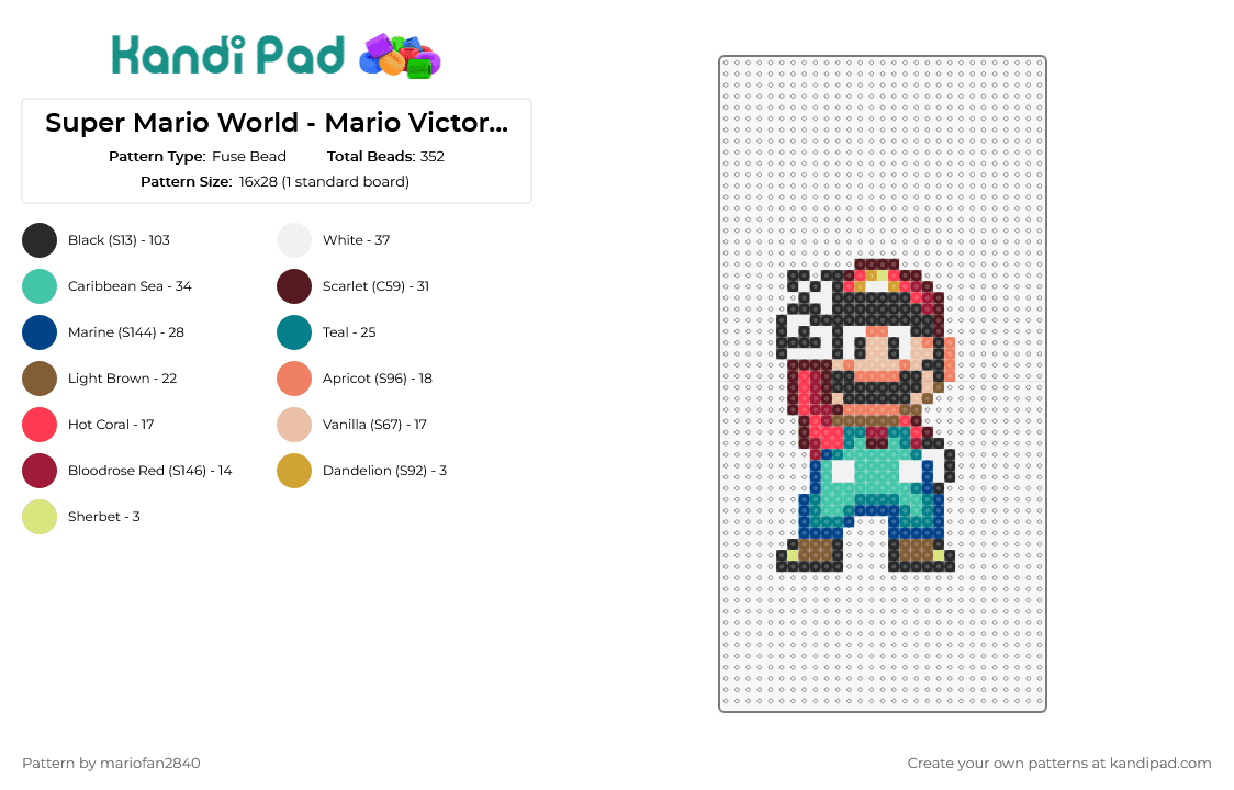 Super Mario World - Mario Victory pose - Fuse Bead Pattern by mariofan2840 on Kandi Pad - mario,nintendo,peace,character,video game,classic,red,blue