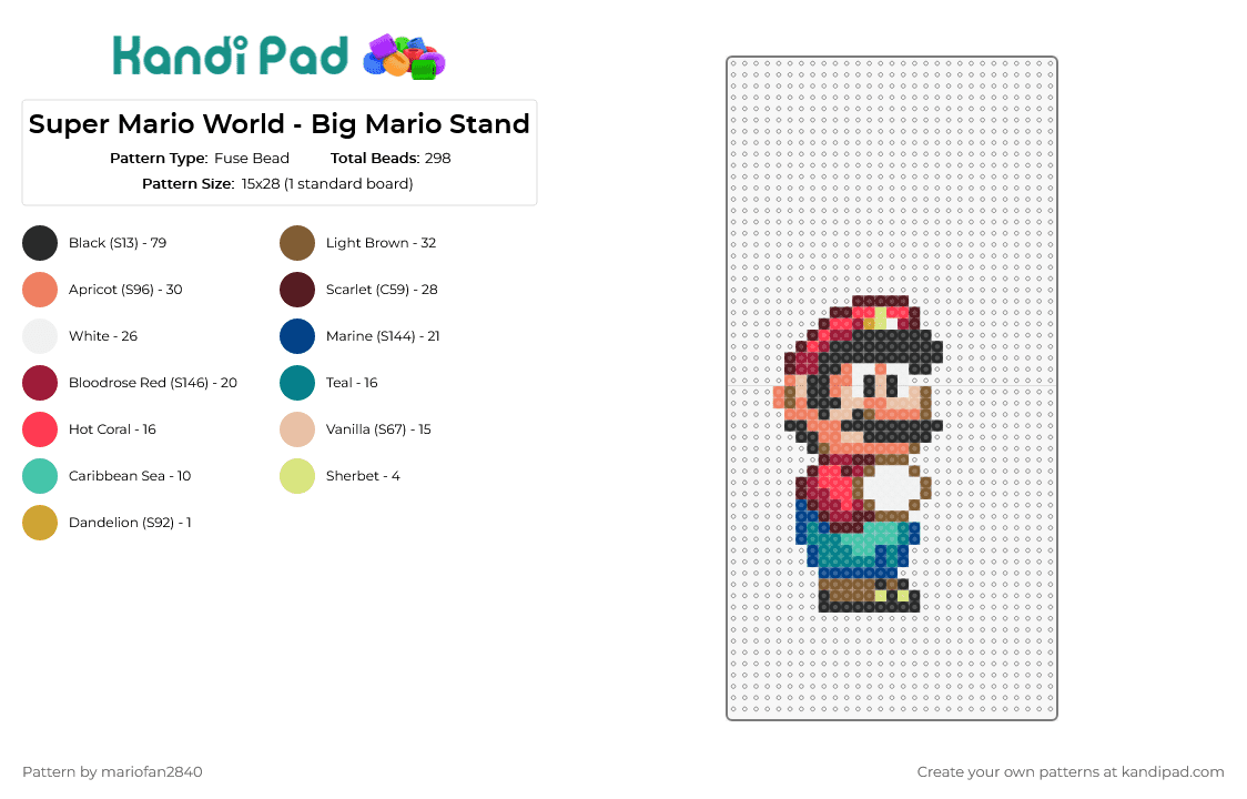 Super Mario World - Big Mario Stand - Fuse Bead Pattern by mariofan2840 on Kandi Pad - mario,nintendo,character,classic,video game,sprite,teal,red,tan