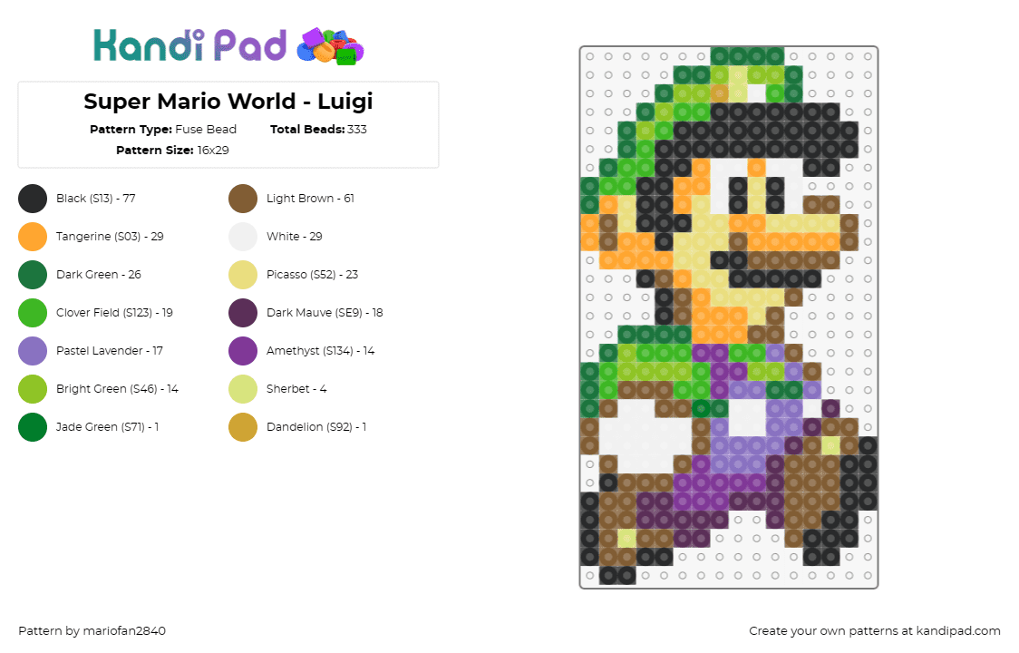 Super Mario World - Luigi - Fuse Bead Pattern by mariofan2840 on Kandi Pad - luigi,mario,nintendo,character,video game,classic,green,purple