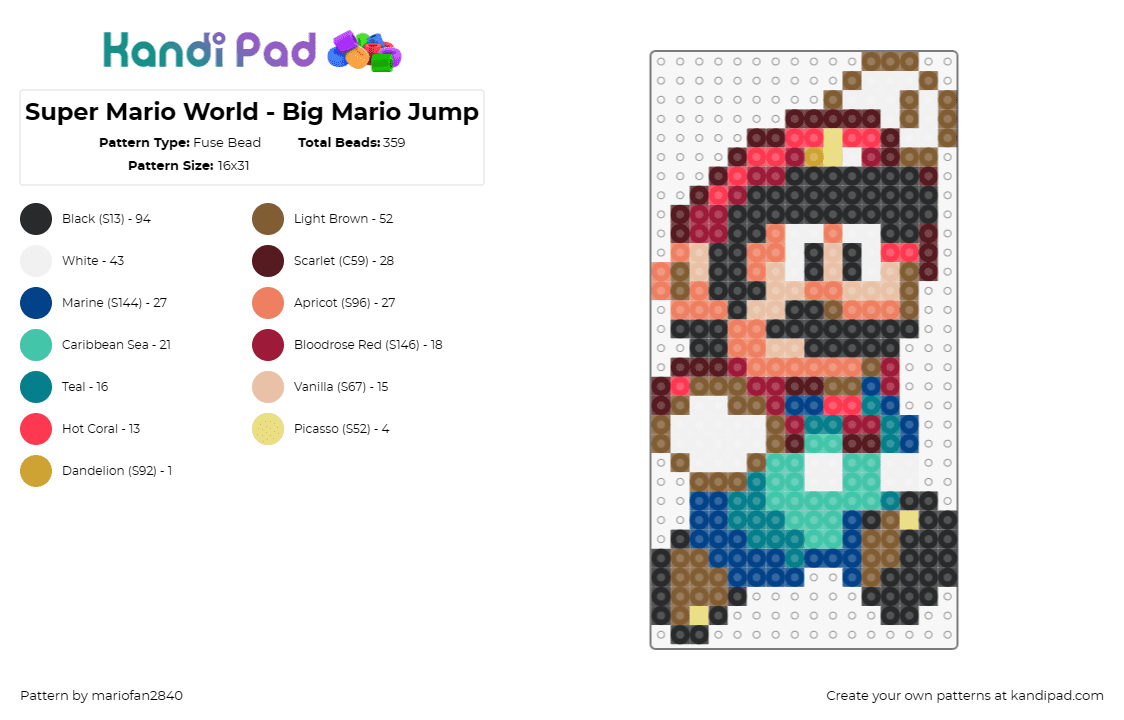 Super Mario World - Big Mario Jump - Fuse Bead Pattern by mariofan2840 on Kandi Pad - mario,nintendo,jumping,character,video game,classic,red,blue