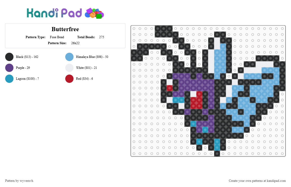 Butterfree - Fuse Bead Pattern by wyvernvh on Kandi Pad - black,light blue