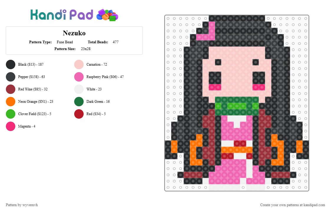 Nezuko - Fuse Bead Pattern by wyvernvh on Kandi Pad - black,beige,pink