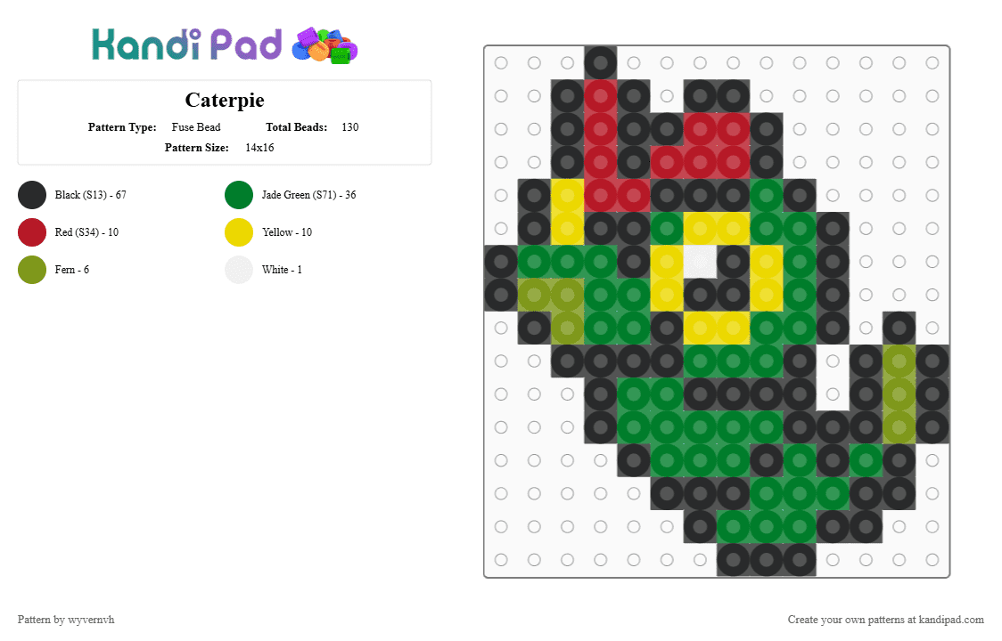 Caterpie - Fuse Bead Pattern by wyvernvh on Kandi Pad - black,green