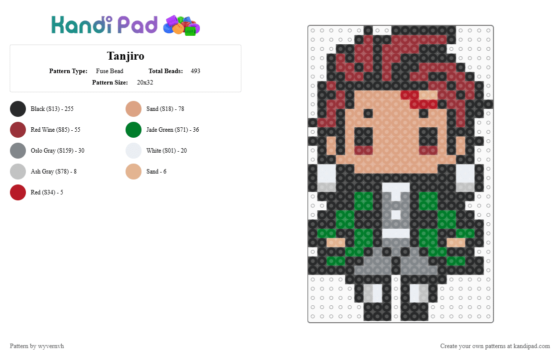 Tanjiro - Fuse Bead Pattern by wyvernvh on Kandi Pad - black,beige,red