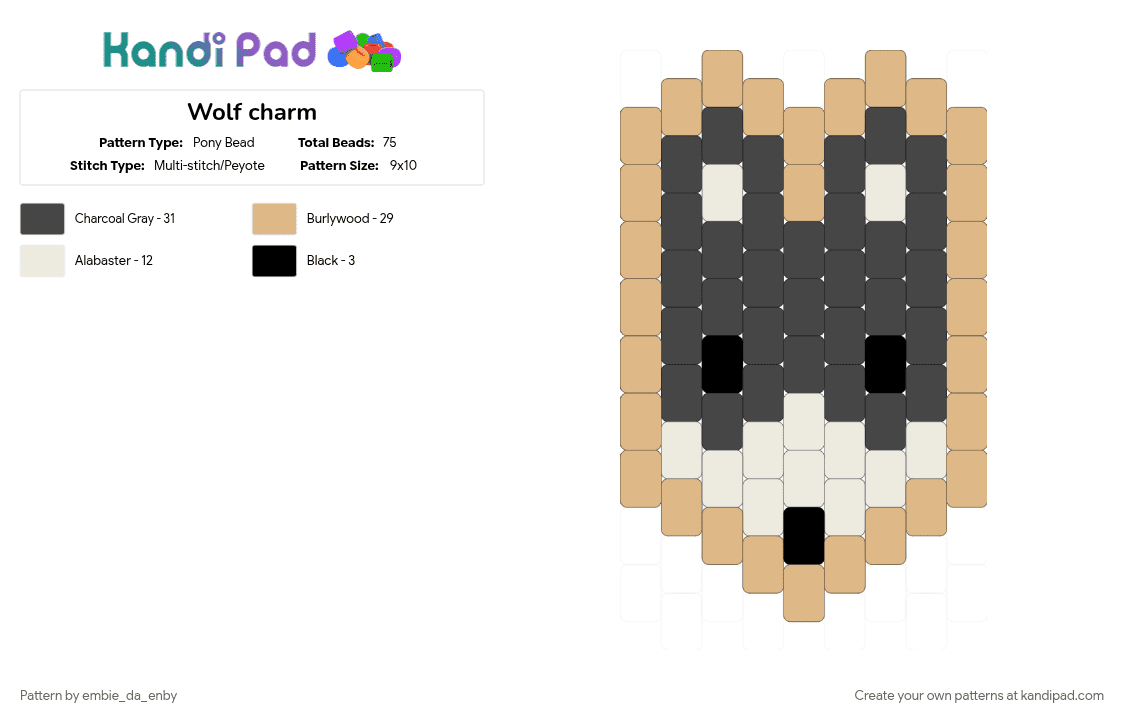 Wolf charm - Pony Bead Pattern by embie_da_enby on Kandi Pad - beige, brown, cotdwolves, therian, wolf