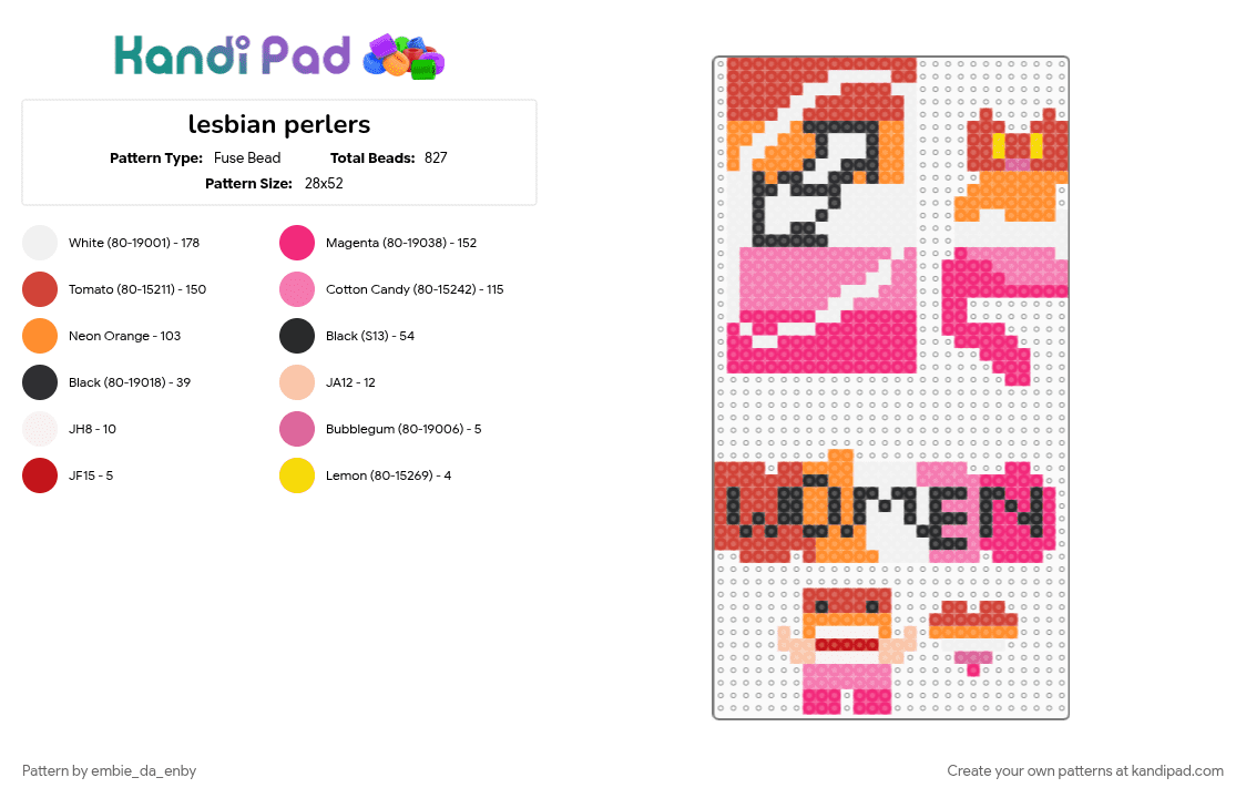 lesbian perlers - Fuse Bead Pattern by embie_da_enby on Kandi Pad - gay, lesbian, lgbtq, orange, pink, pride, red
