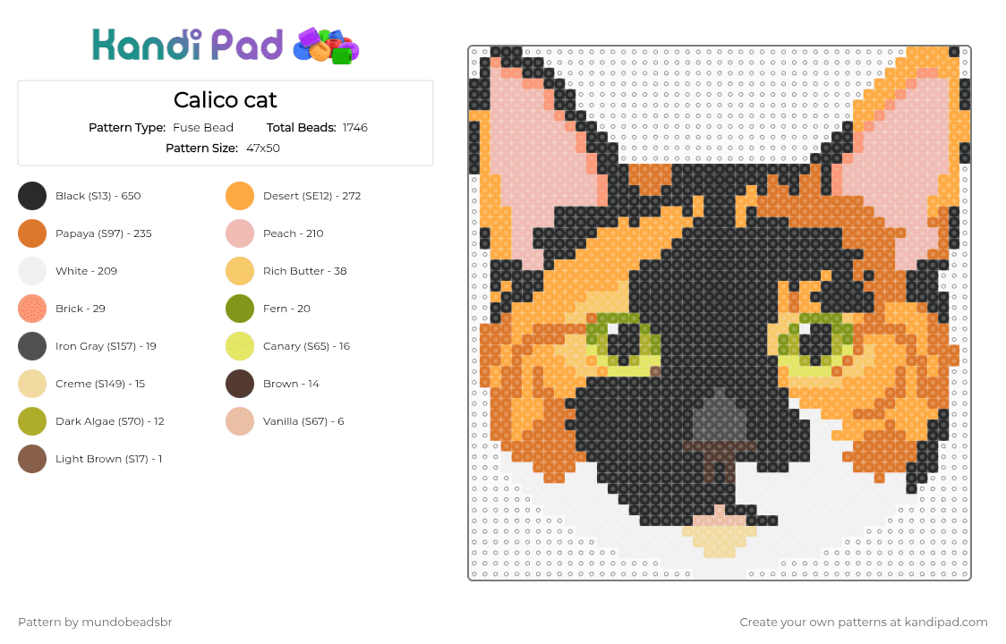 Calico cat Fuse Bead Pattern - Kandi Pad | Kandi Patterns, Fuse Bead ...
