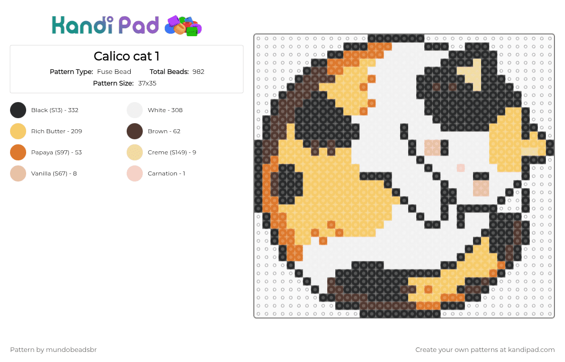 Calico cat 1 - Fuse Bead Pattern by mundobeadsbr on Kandi Pad - white,yellow
