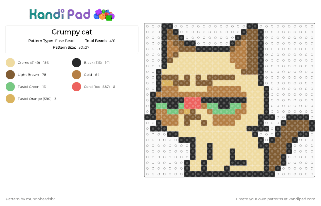 Grumpy cat - Fuse Bead Pattern by mundobeadsbr on Kandi Pad - tan,beige