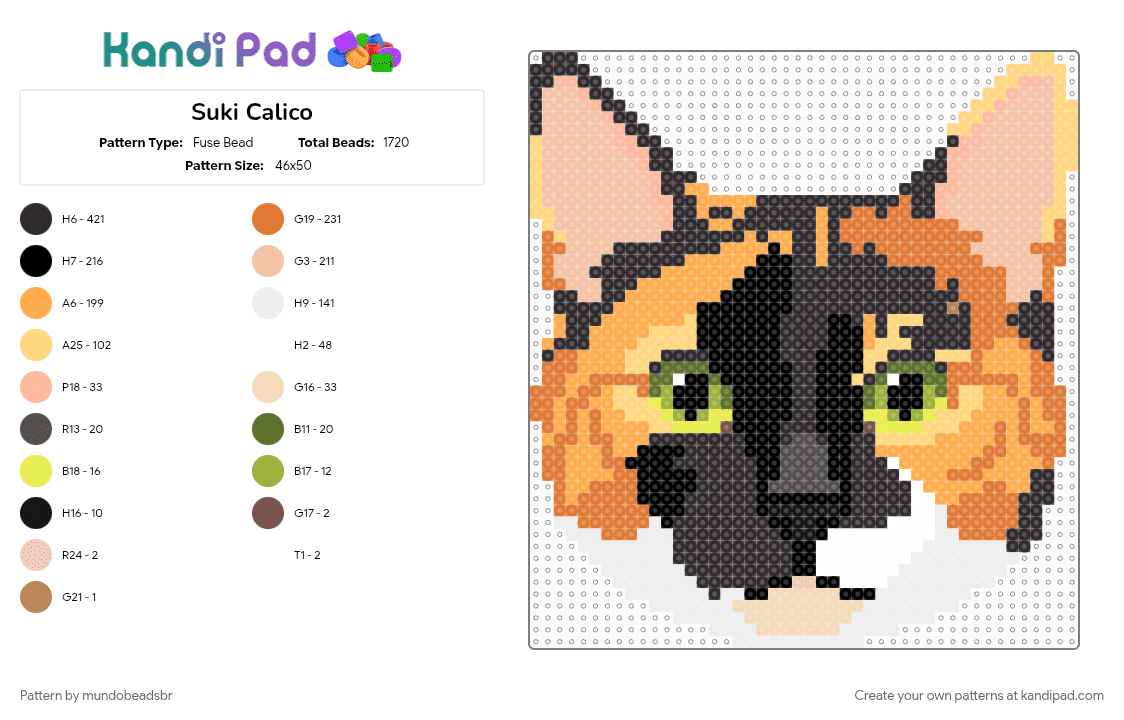 Suki Calico - Fuse Bead Pattern by mundobeadsbr on Kandi Pad - beige, orange, yellow