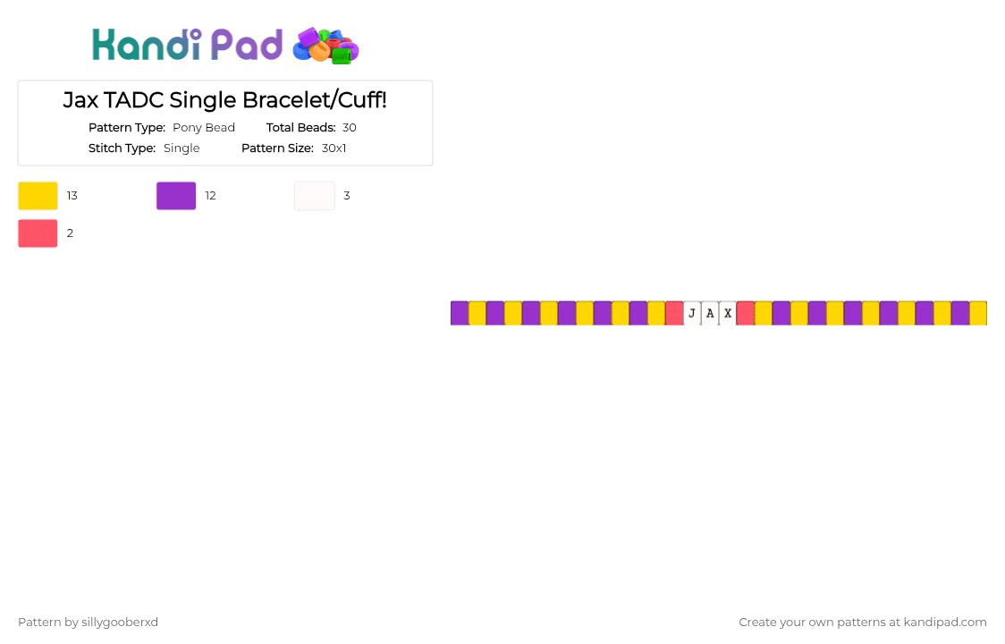 Jax TADC Single Bracelet/Cuff! - Pony Bead Pattern by sillygooberxd on Kandi Pad - purple,yellow