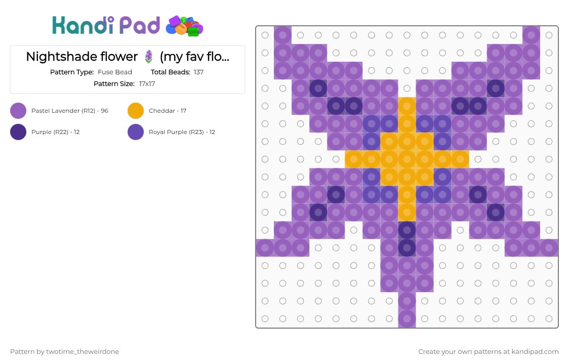Nightshade flower 🪻 (my fav flower yippe (⁠≧⁠▽⁠≦⁠) - Fuse Bead Pattern by twotime_theweirdone on Kandi Pad - atropa belladonna, flower, nightshade, pink, purple