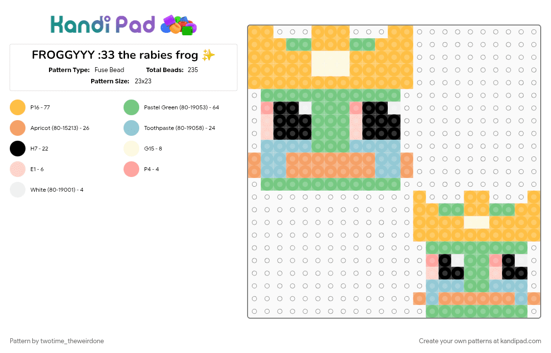 FROGGYYY :33 the rabies frog ✨ - Fuse Bead Pattern by twotime_theweirdone on Kandi Pad - frog, froggy, froggydude, froggydudemc, green, grox, groxmc, minecraft, orange, teal